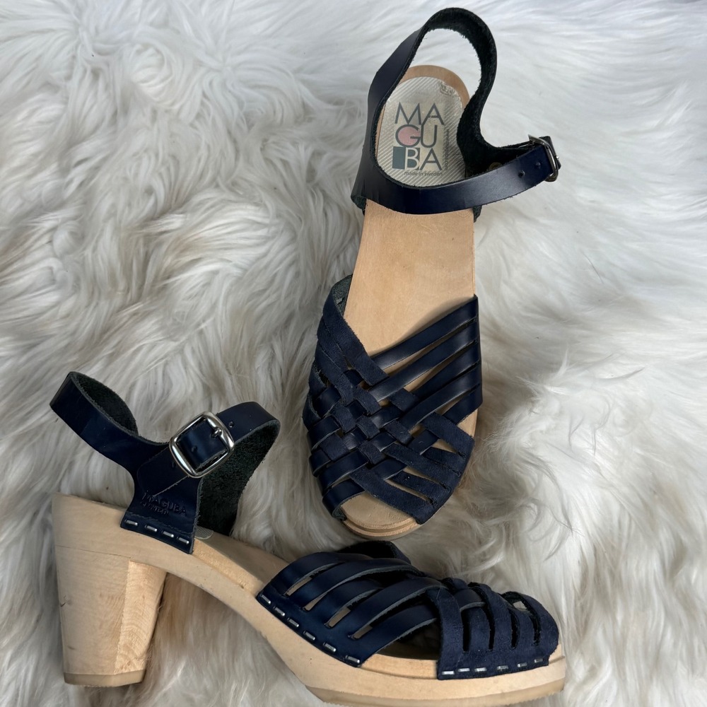 Maguba Rio Navy Blue Leather Woven Clog Sandals Wood Block Heel Size 38 - Picture 3 of 7